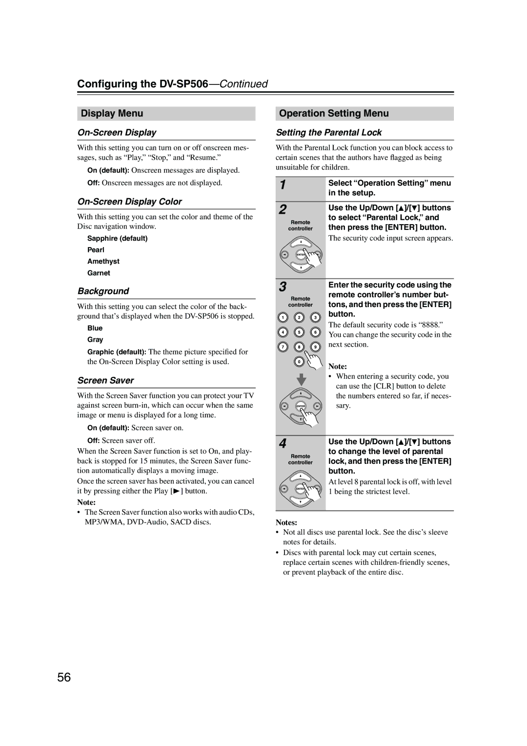 Onkyo DV-SP506 instruction manual Display Menu, Operation Setting Menu 