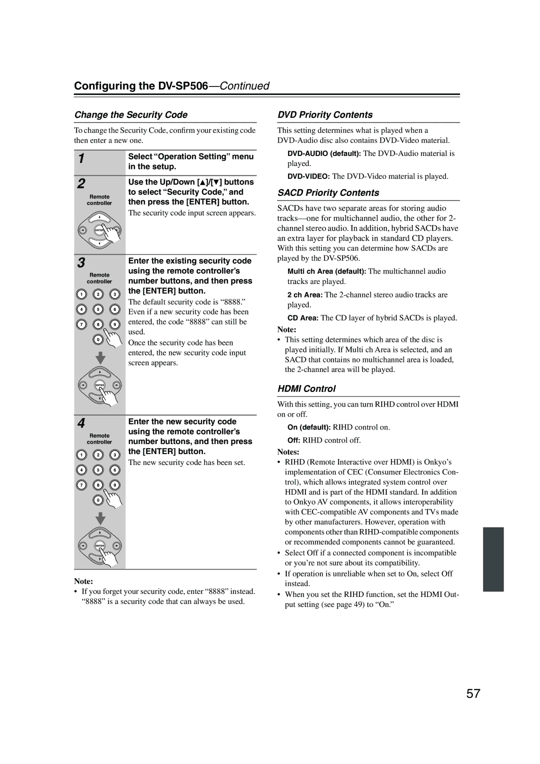 Onkyo DV-SP506 instruction manual Change the Security Code, DVD Priority Contents, Sacd Priority Contents, Hdmi Control 