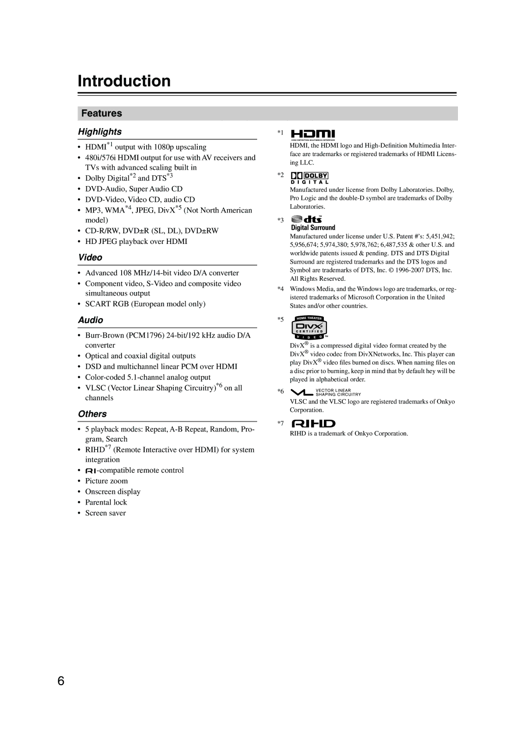 Onkyo DV-SP506 instruction manual Introduction, Features 