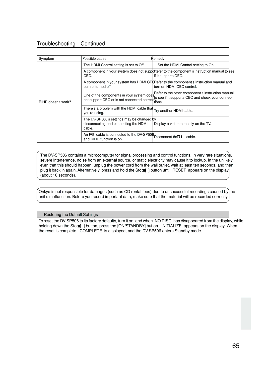 Onkyo DV-SP506 instruction manual Restoring the Default Settings, Rihd doesn’t work? 