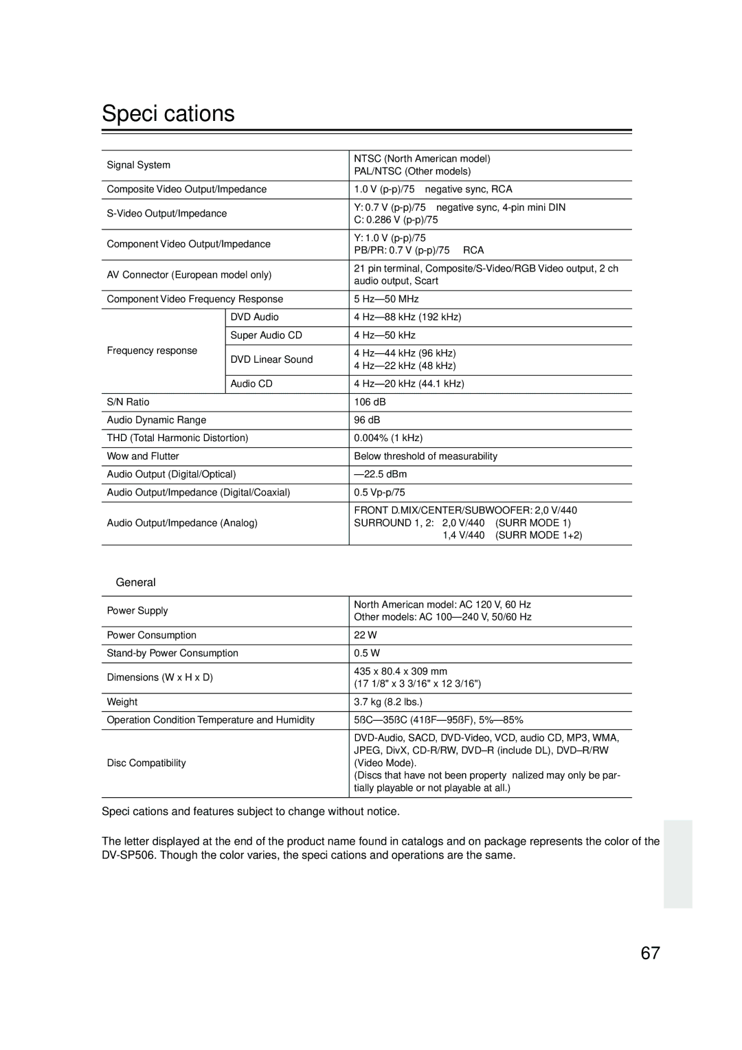 Onkyo DV-SP506 instruction manual Speciﬁcations, General 