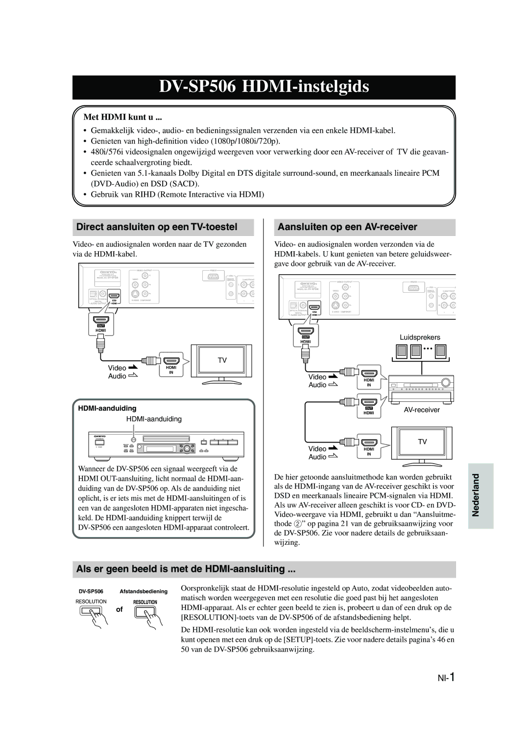 Onkyo DV-SP506 HDMI-instelgids, Als er geen beeld is met de HDMI-aansluiting, Met Hdmi kunt u, HDMI-aanduiding 