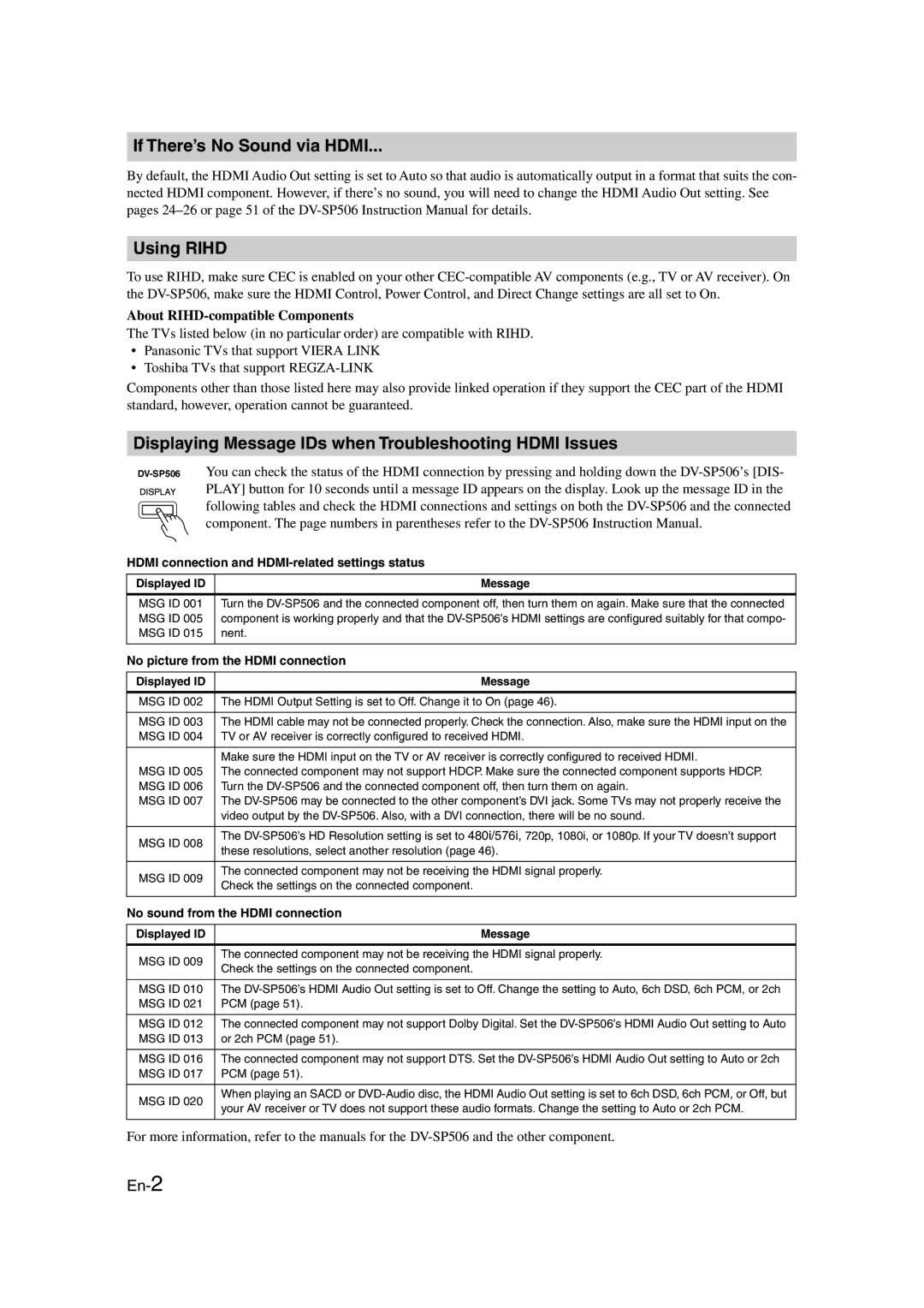 Onkyo DV-SP506 setup guide If There’s No Sound via Hdmi Using Rihd, Displaying Message IDs when Troubleshooting Hdmi Issues 