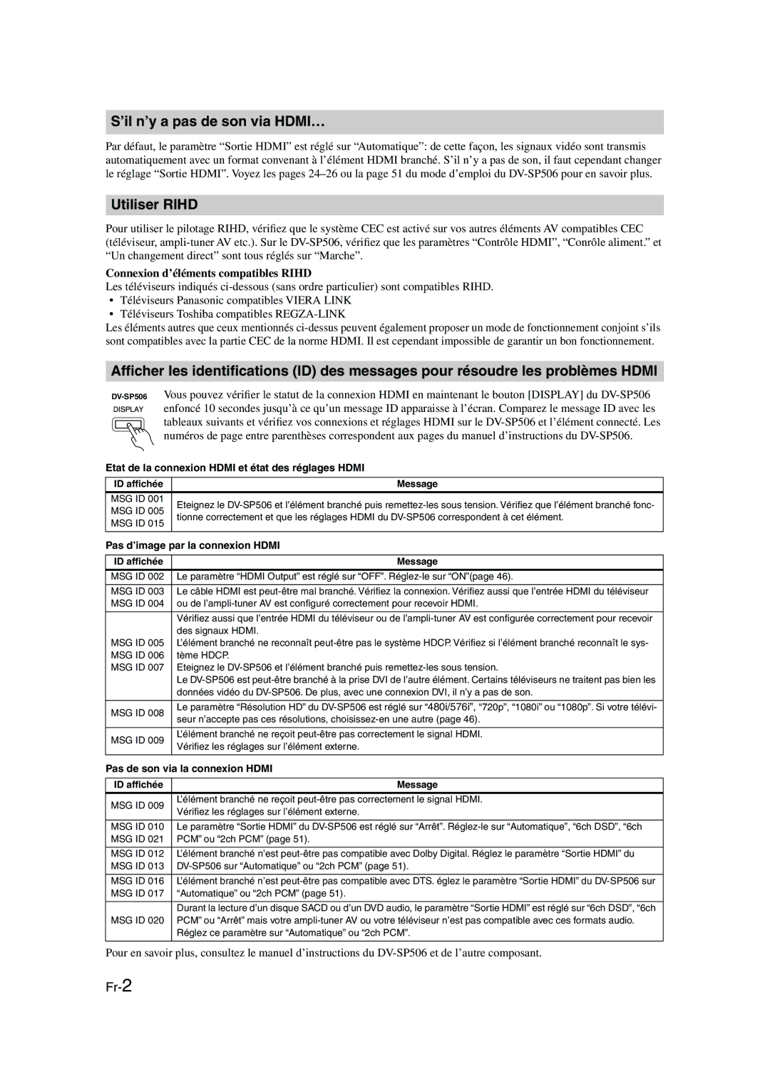 Onkyo DV-SP506 setup guide ’il n’y a pas de son via HDMI…, Utiliser Rihd, Connexion d’éléments compatibles Rihd 