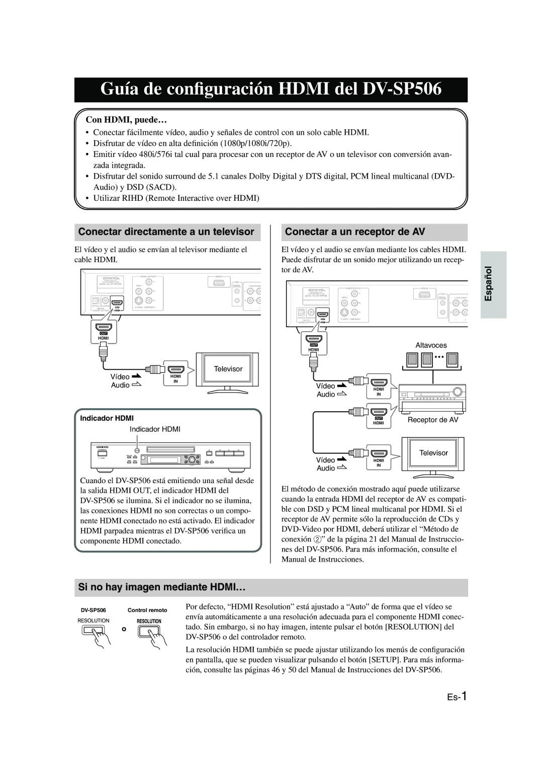 Onkyo Guía de conﬁguración Hdmi del DV-SP506, Si no hay imagen mediante HDMI…, Con HDMI, puede…, Indicador Hdmi 