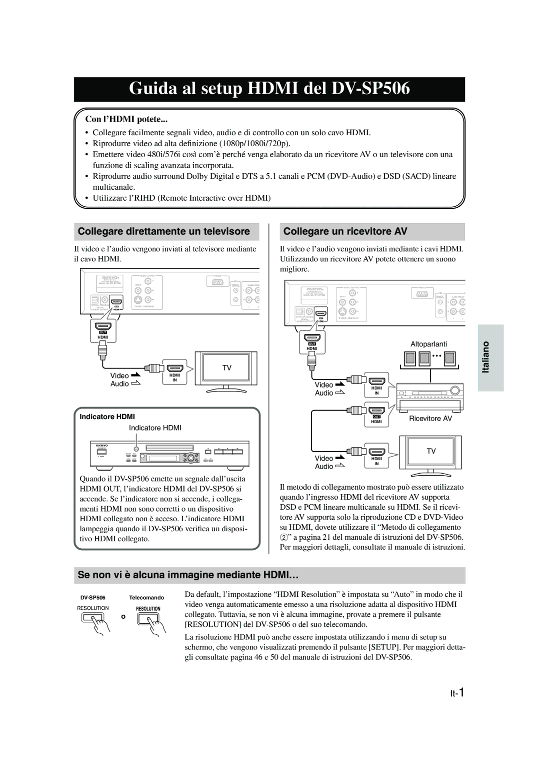 Onkyo Guida al setup Hdmi del DV-SP506, Se non vi è alcuna immagine mediante HDMI…, Con l’HDMI potete, Indicatore Hdmi 