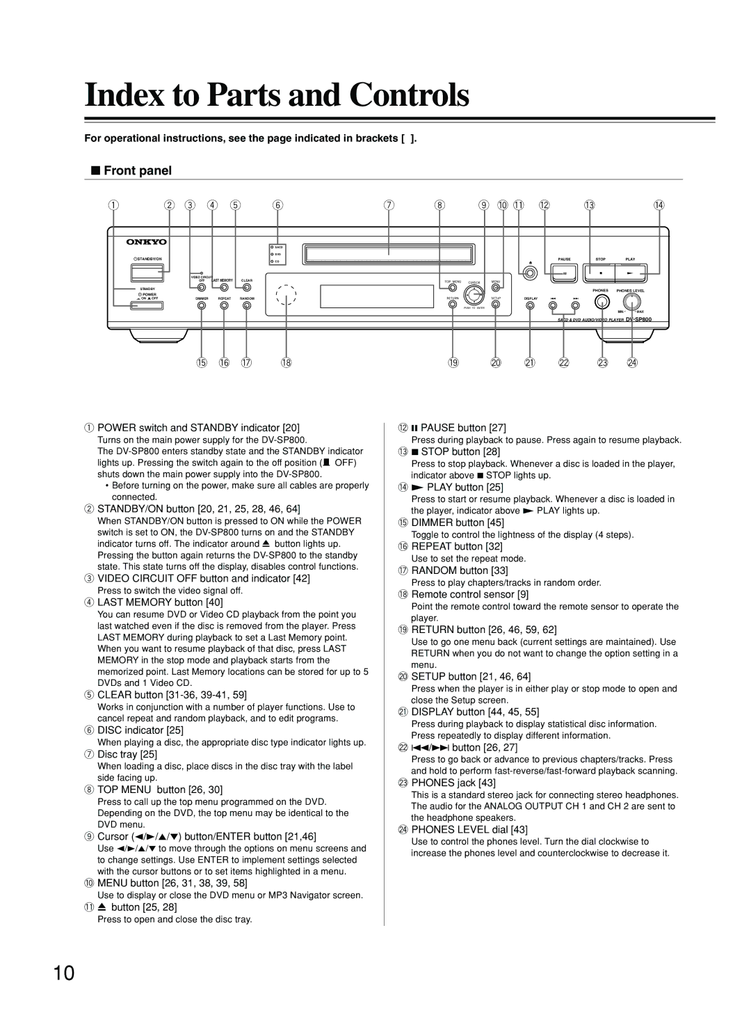 Onkyo DV-SP800 instruction manual Index to Parts and Controls, Front panel 