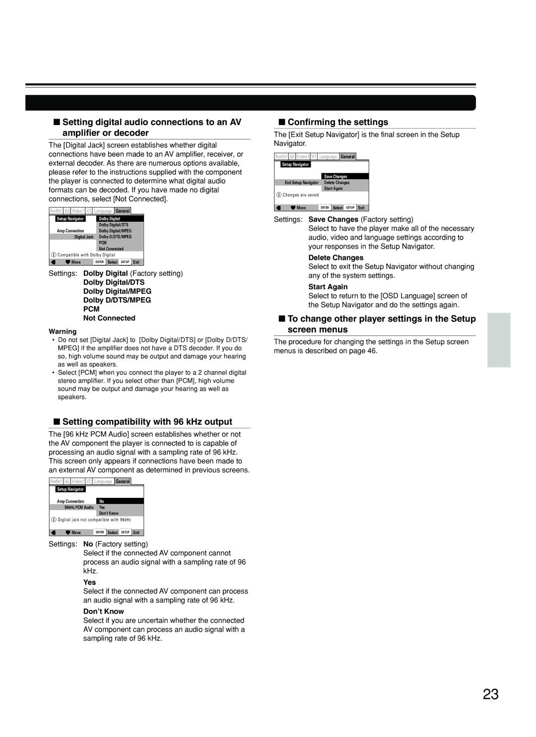 Onkyo DV-SP800 instruction manual Setting compatibility with 96 kHz output, Confirming the settings 