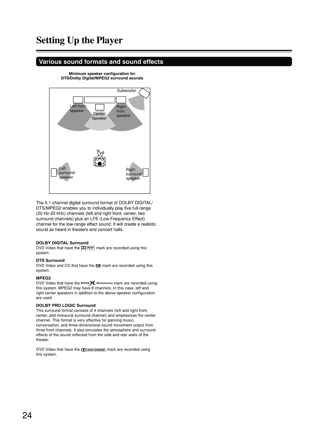 Onkyo DV-SP800 instruction manual Various sound formats and sound effects, Dolby Digital Surround, DTS Surround, MPEG2 