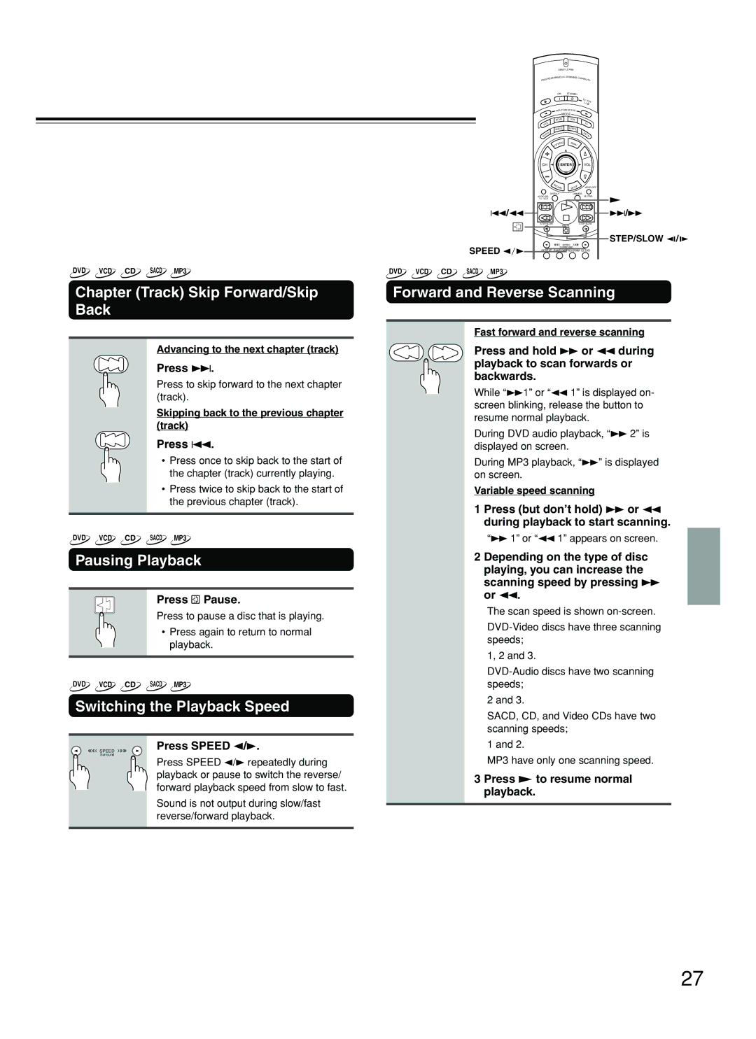 Onkyo DV-SP800 instruction manual Chapter Track Skip Forward/Skip Back, Pausing Playback, Switching the Playback Speed 