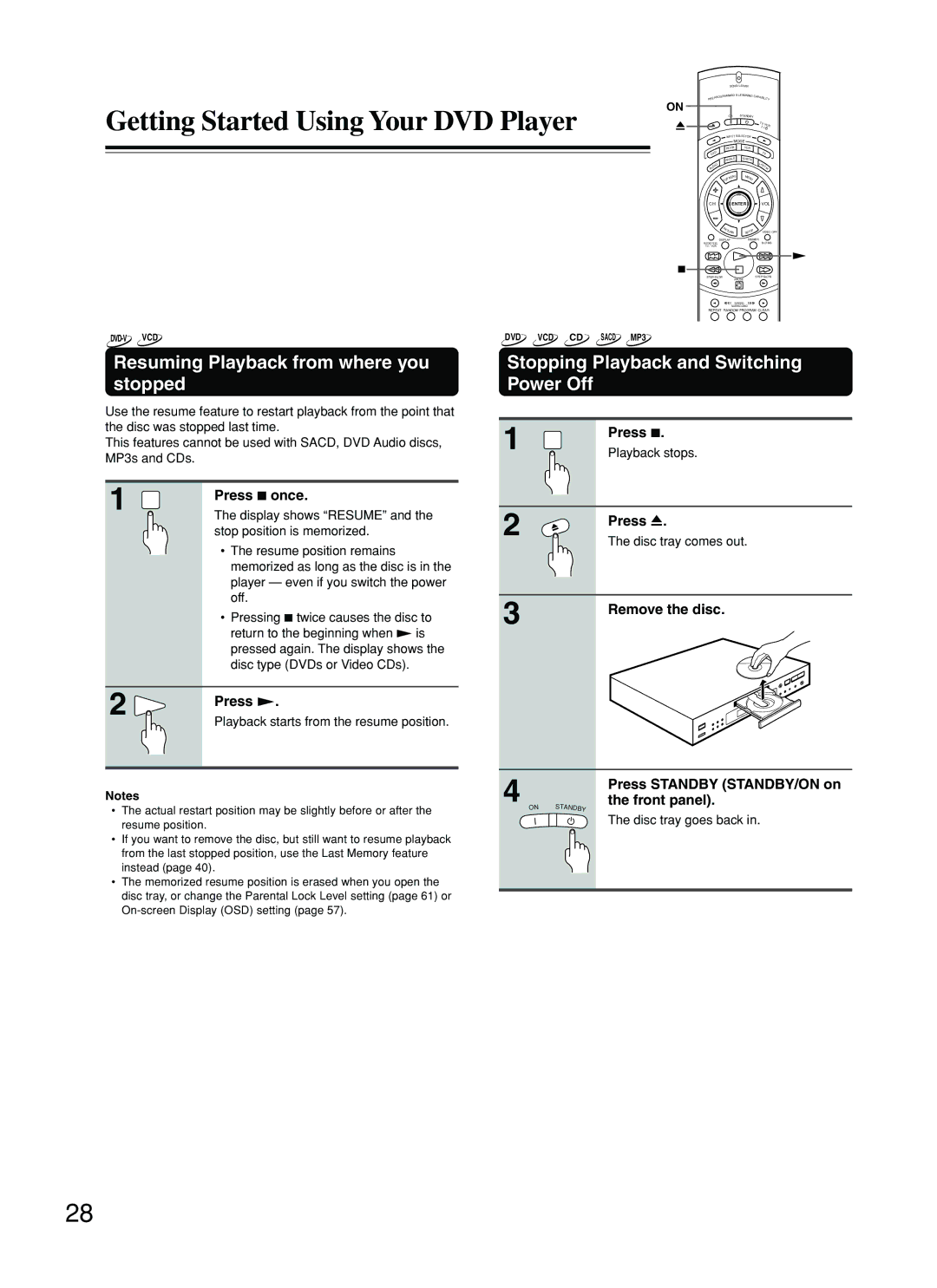 Onkyo DV-SP800 Resuming Playback from where you stopped, Stopping Playback and Switching Power Off, Press 7 once 