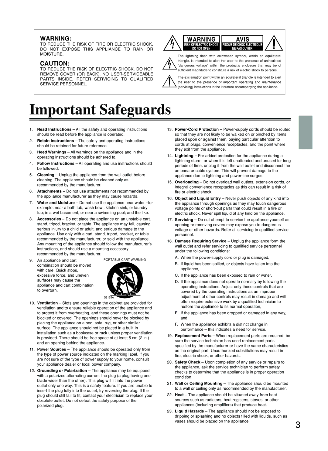 Onkyo DV-SP800 instruction manual Important Safeguards, Avis 