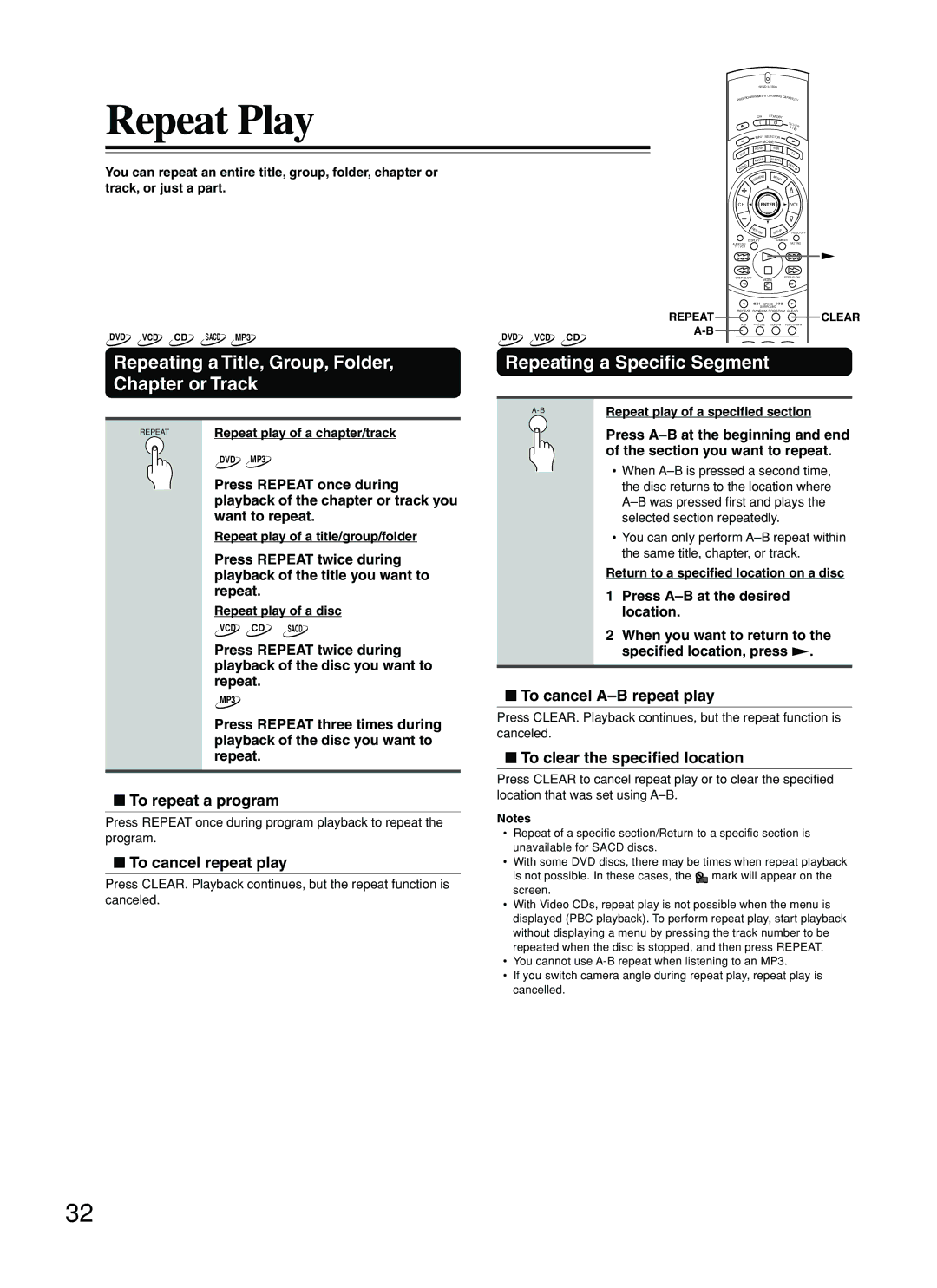 Onkyo DV-SP800 Repeat Play, Repeating a Title, Group, Folder, Chapter or Track, Repeating a Specific Segment 