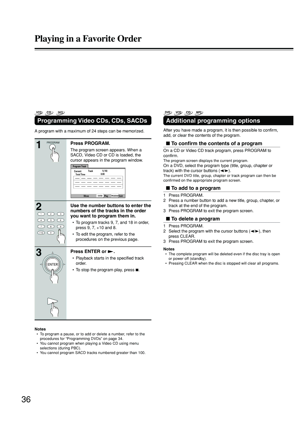 Onkyo DV-SP800 Playing in a Favorite Order, Programming Video CDs, CDs, SACDs, Additional programming options 