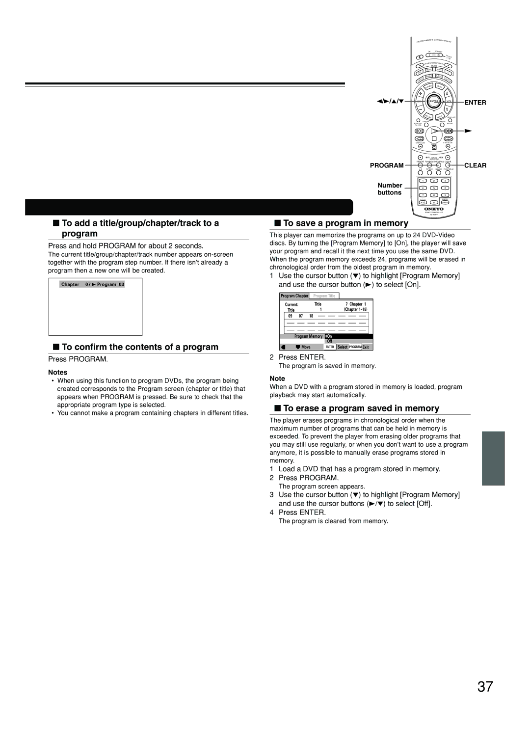 Onkyo DV-SP800 instruction manual To add a title/group/chapter/track to a program, To save a program in memory, Press Enter 