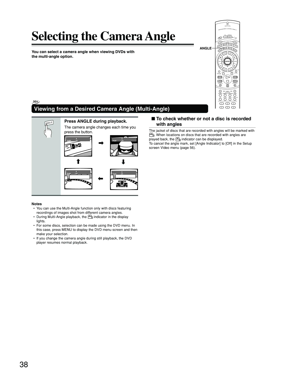 Onkyo DV-SP800 Selecting the Camera Angle, Viewing from a Desired Camera Angle Multi-Angle, Press Angle during playback 