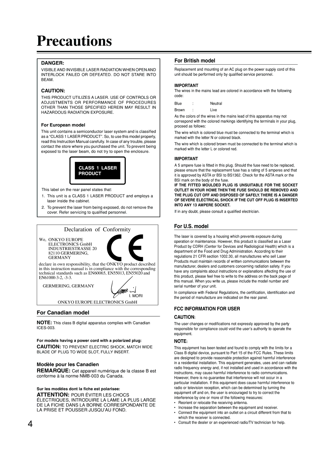 Onkyo DV-SP800 Precautions, For British model, For Canadian model, For U.S. model, Modèle pour les Canadien 