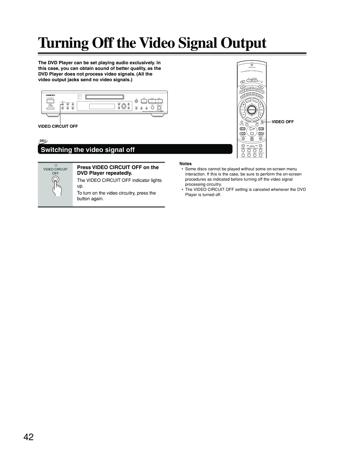 Onkyo DV-SP800 Turning Off the Video Signal Output, Switching the video signal off, Press Video Circuit OFF on 