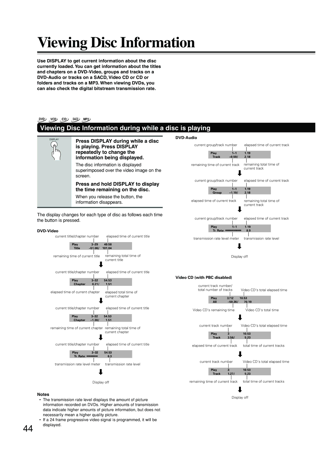 Onkyo DV-SP800 instruction manual Viewing Disc Information during while a disc is playing 