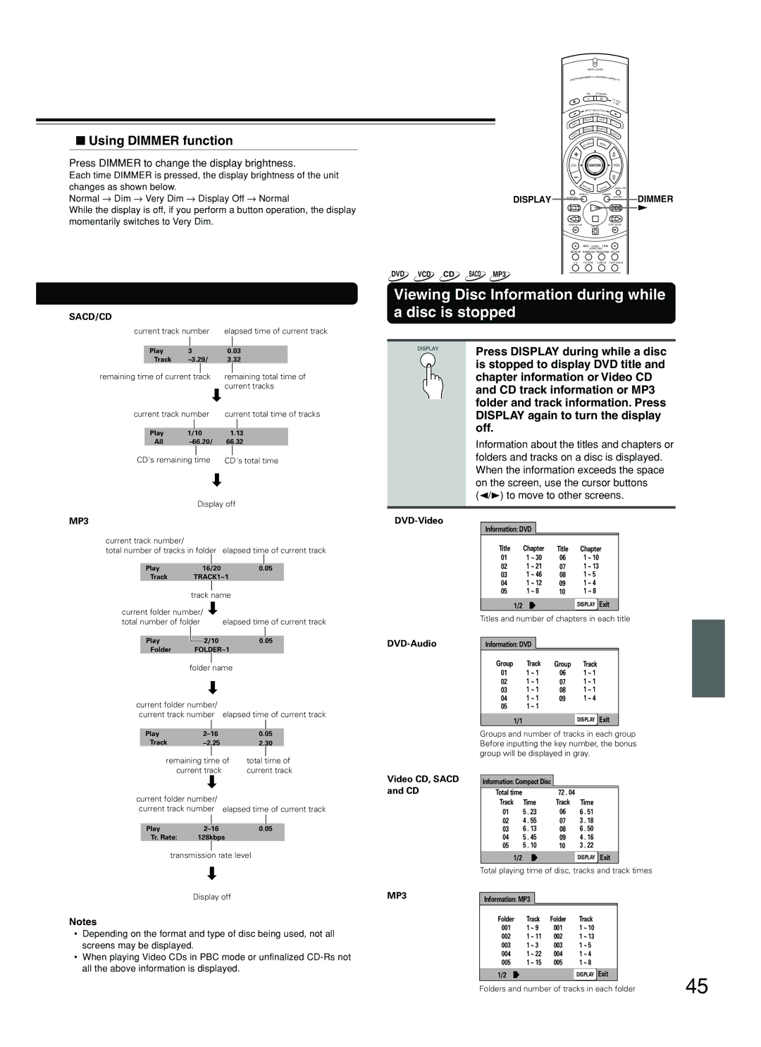 Onkyo DV-SP800 instruction manual Viewing Disc Information during while a disc is stopped, Using Dimmer function 