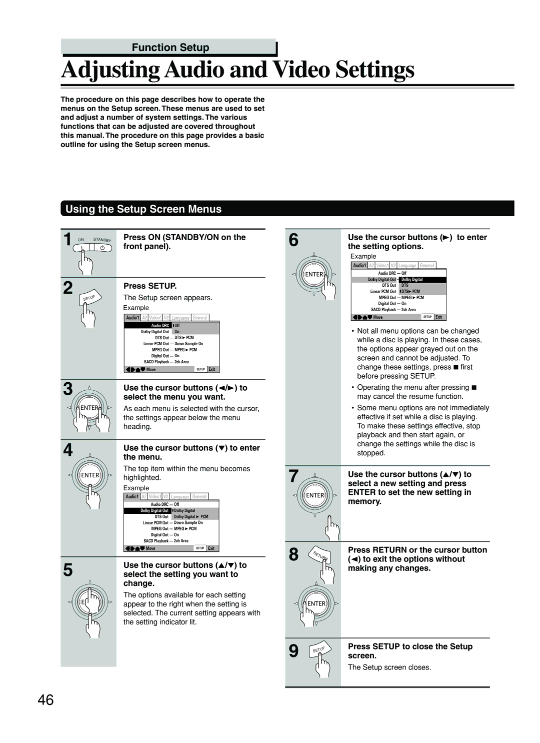 Onkyo DV-SP800 instruction manual Adjusting Audio and Video Settings, Using the Setup Screen Menus 