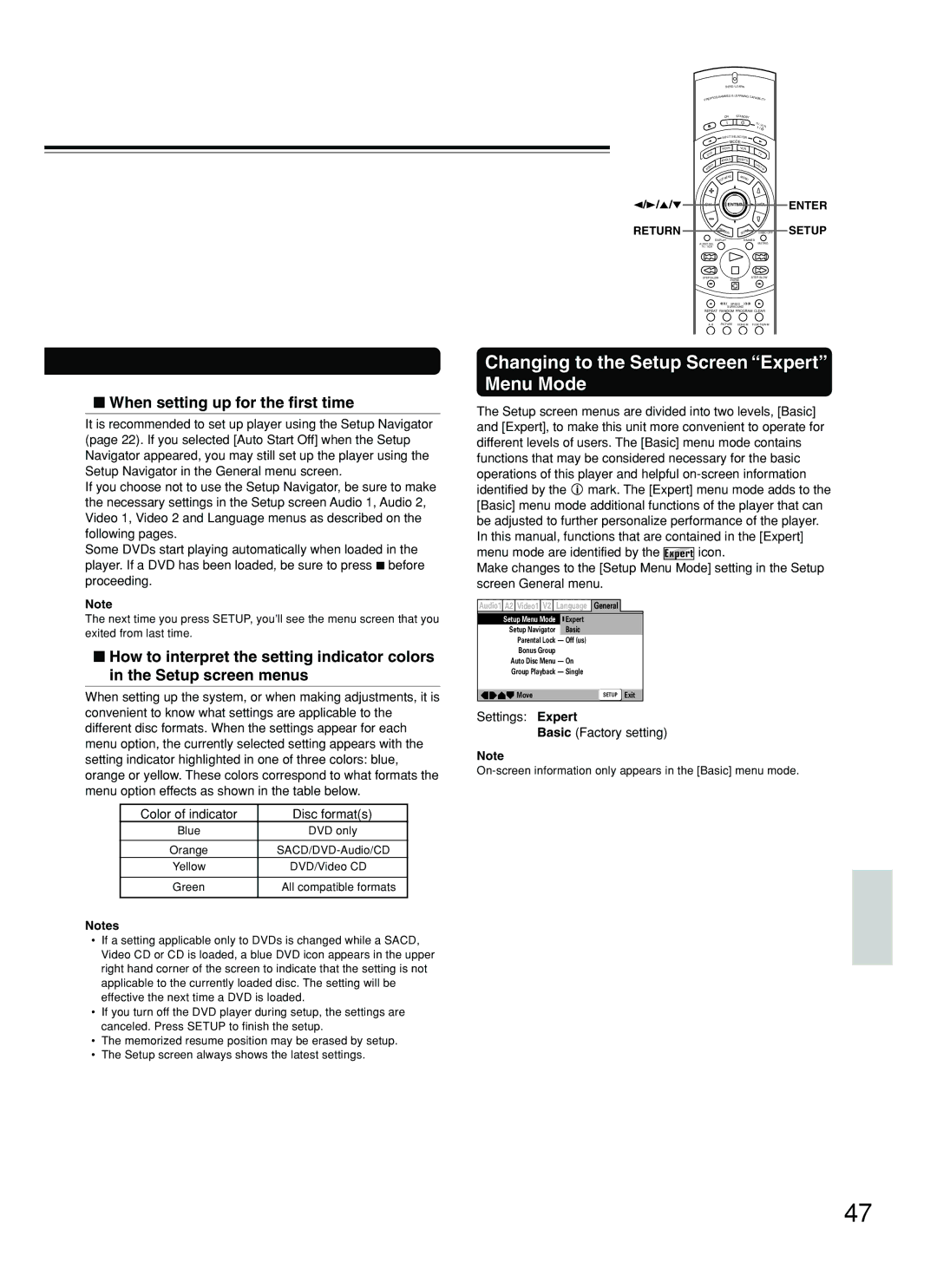 Onkyo DV-SP800 Changing to the Setup Screen Expert Menu Mode, Settings Expert Basic Factory setting, VOL Enter 