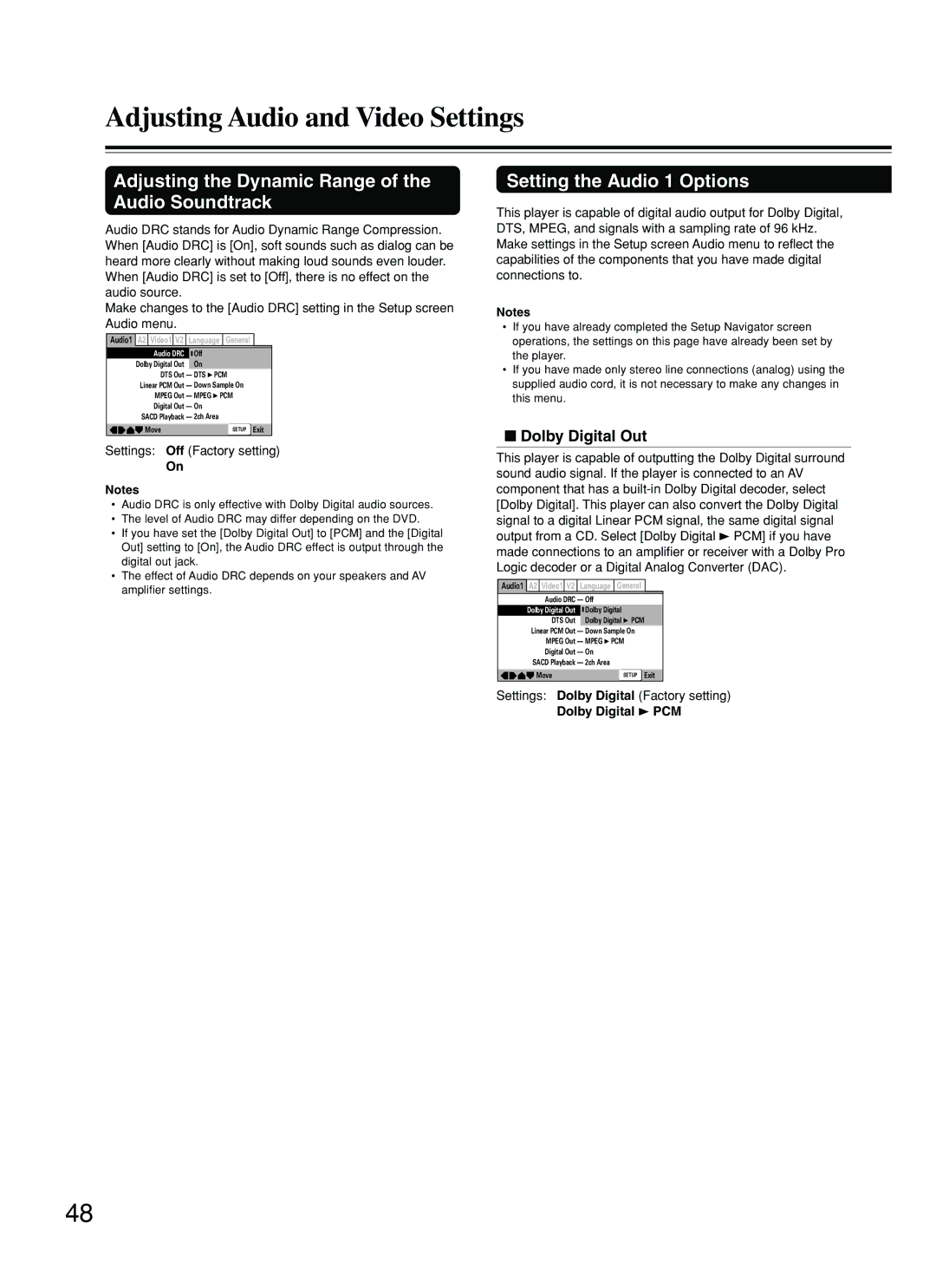 Onkyo DV-SP800 Adjusting Audio and Video Settings, Adjusting the Dynamic Range of the Audio Soundtrack, Dolby Digital Out 