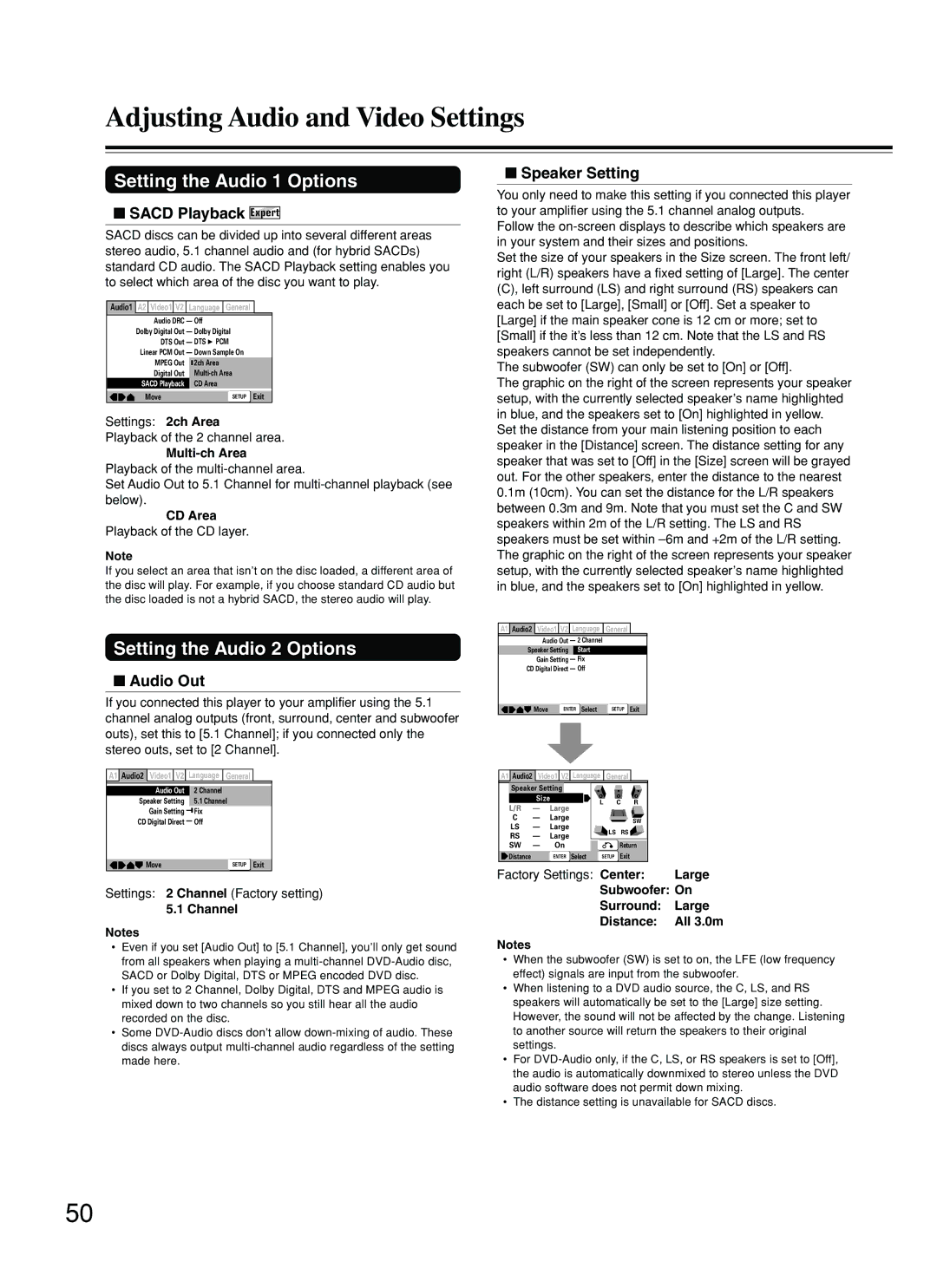 Onkyo DV-SP800 instruction manual Setting the Audio 2 Options, Sacd Playback Expert, Audio Out, Speaker Setting 