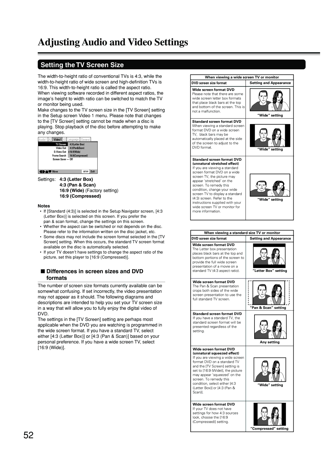 Onkyo DV-SP800 Setting the TV Screen Size, Differences in screen sizes and DVD formats, Settings 43 Letter Box Pan & Scan 