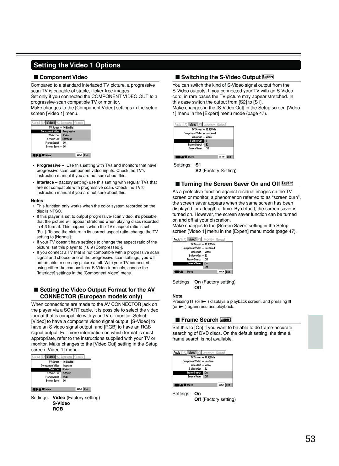 Onkyo DV-SP800 Setting the Video 1 Options, Component Video, Switching the S-Video Output Expert, Frame Search Expert 