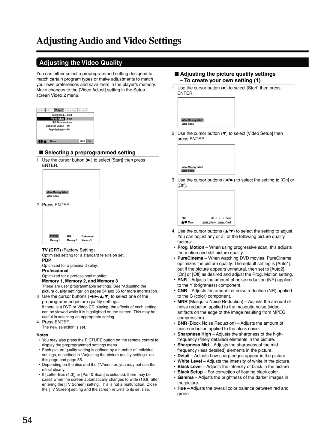 Onkyo DV-SP800 instruction manual Adjusting the Video Quality, Selecting a preprogrammed setting, Professional 