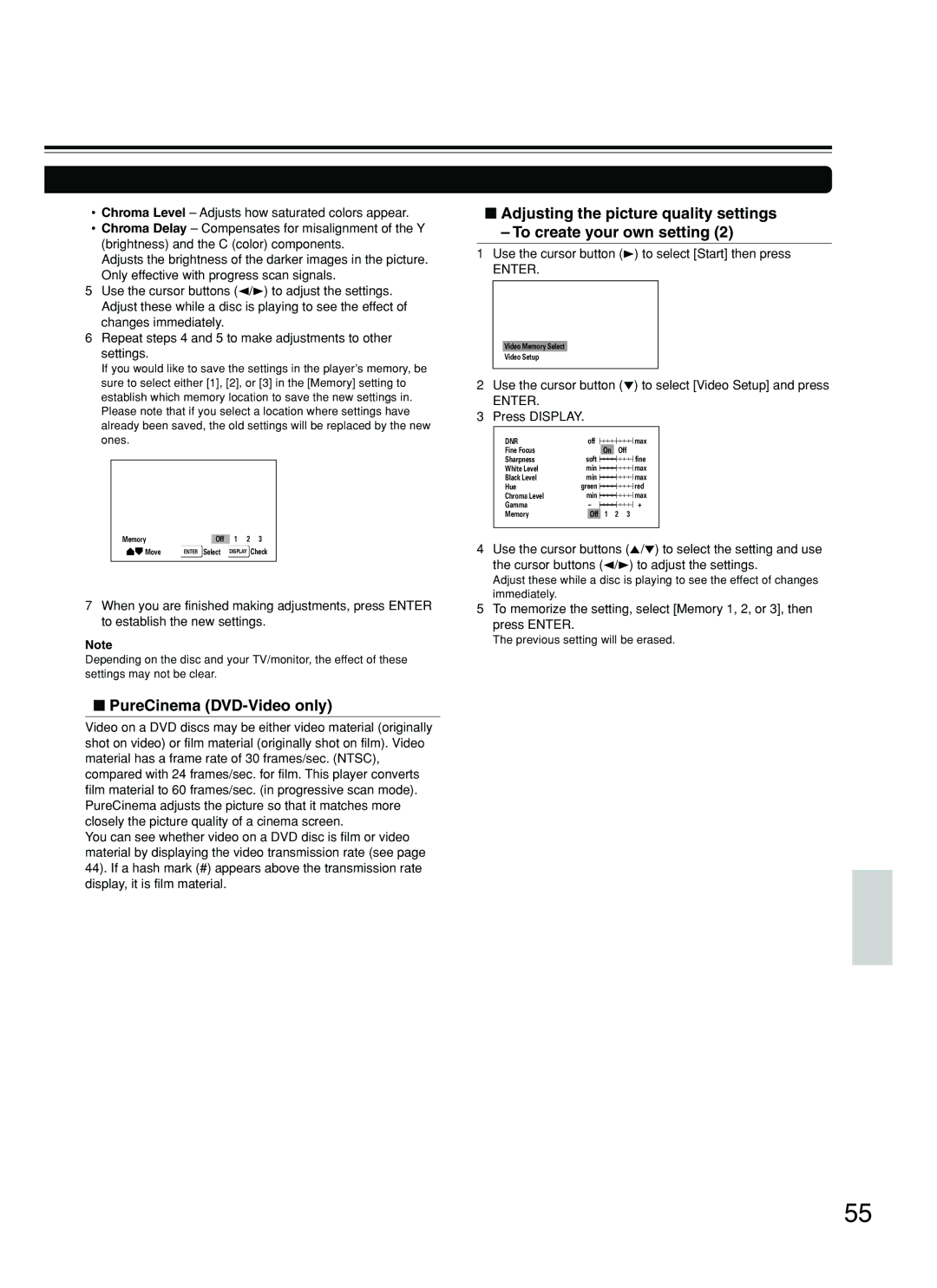 Onkyo DV-SP800 PureCinema DVD-Video only, Use the cursor button ∞ to select Video Setup and press, Press Display 