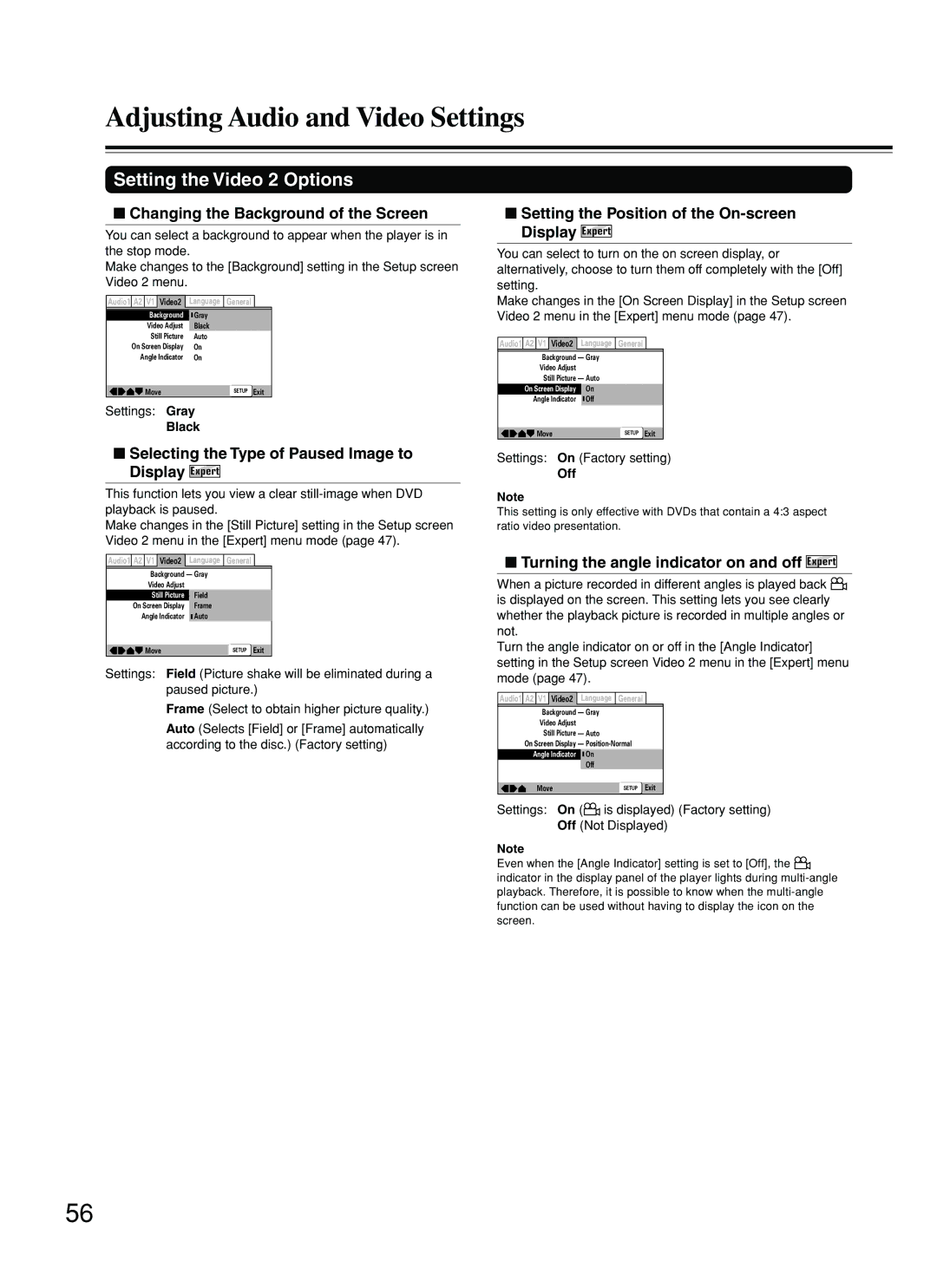 Onkyo DV-SP800 instruction manual Setting the Video 2 Options, Changing the Background of the Screen 