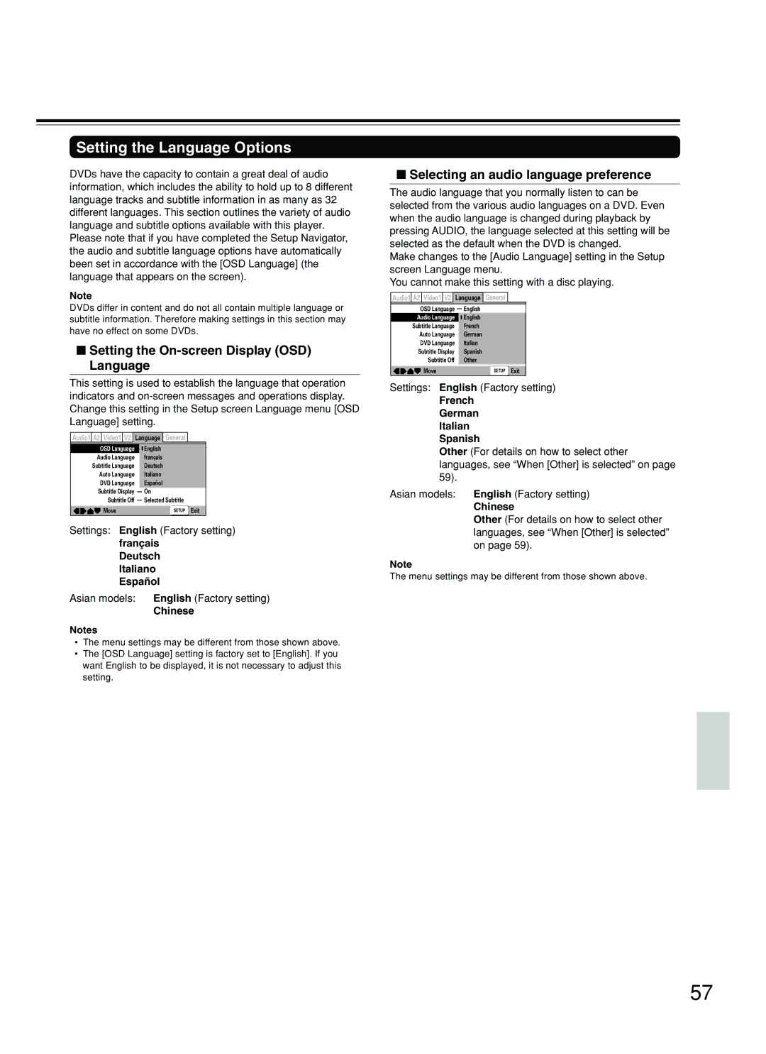 Onkyo DV-SP800 instruction manual Setting the Language Options, Setting the On-screen Display OSD Language, Chinese 