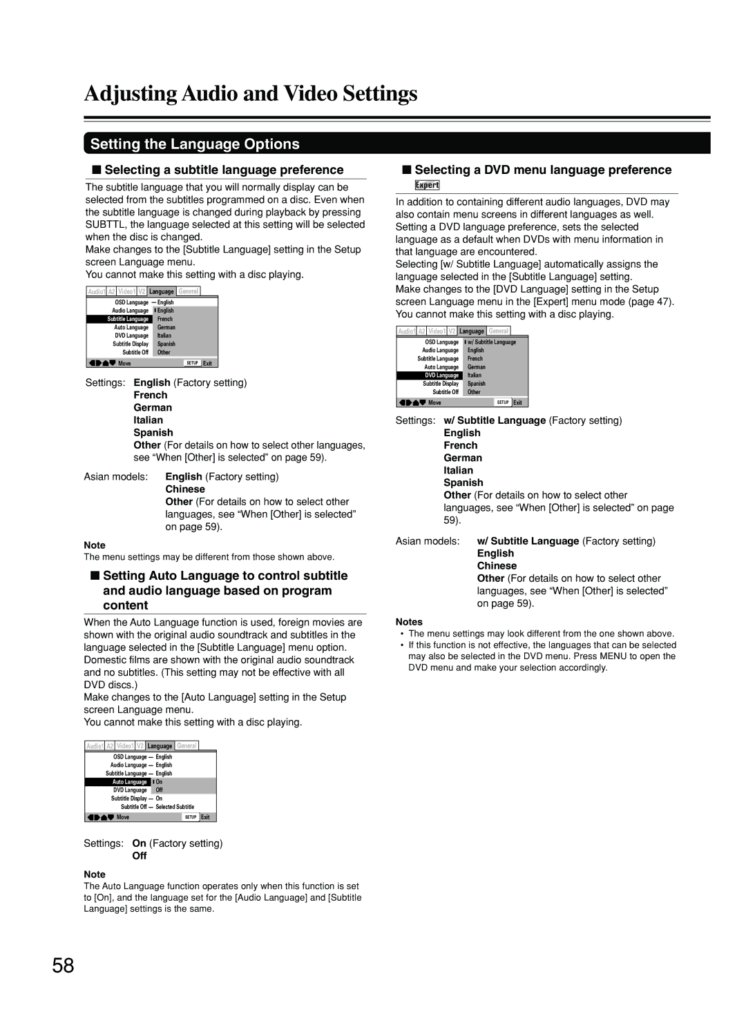 Onkyo DV-SP800 Selecting a subtitle language preference, Selecting a DVD menu language preference, English Chinese 