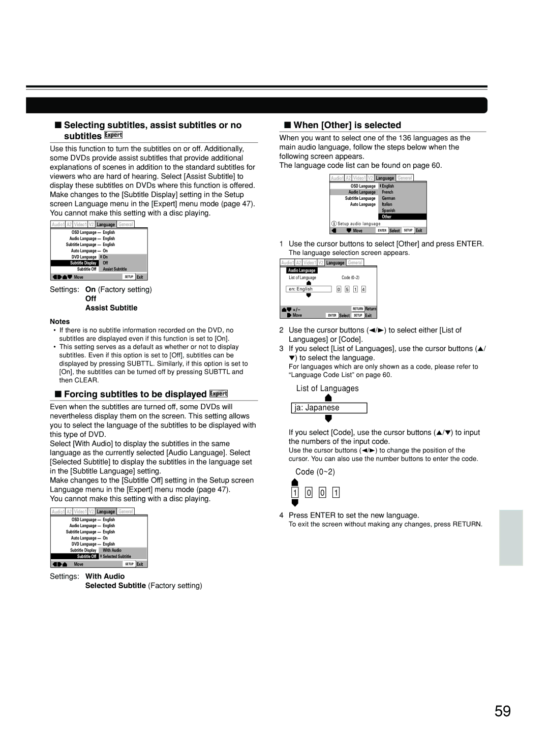 Onkyo DV-SP800 instruction manual Forcing subtitles to be displayed Expert, When Other is selected, Off Assist Subtitle 