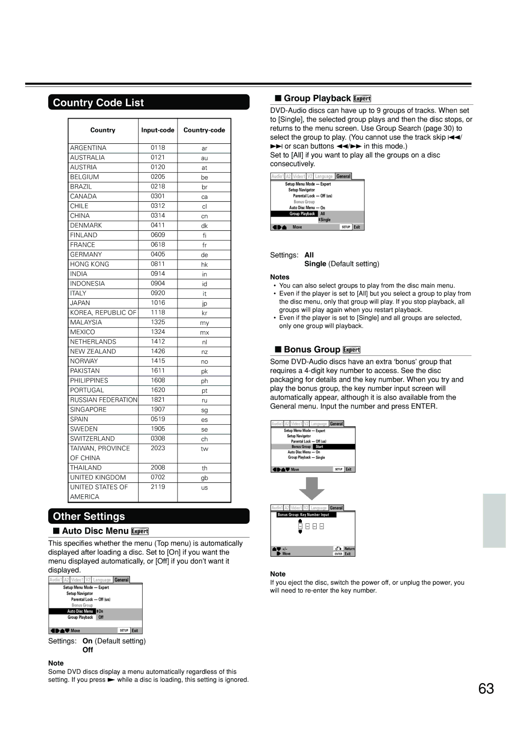 Onkyo DV-SP800 Country Code List, Other Settings, Auto Disc Menu Expert, Group Playback Expert, Bonus Group Expert 