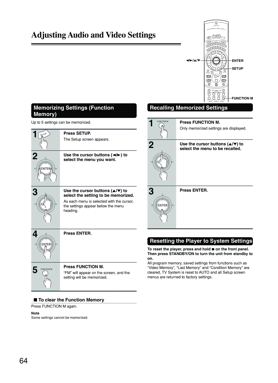 Onkyo DV-SP800 Memorizing Settings Function Memory, Recalling Memorized Settings, Resetting the Player to System Settings 