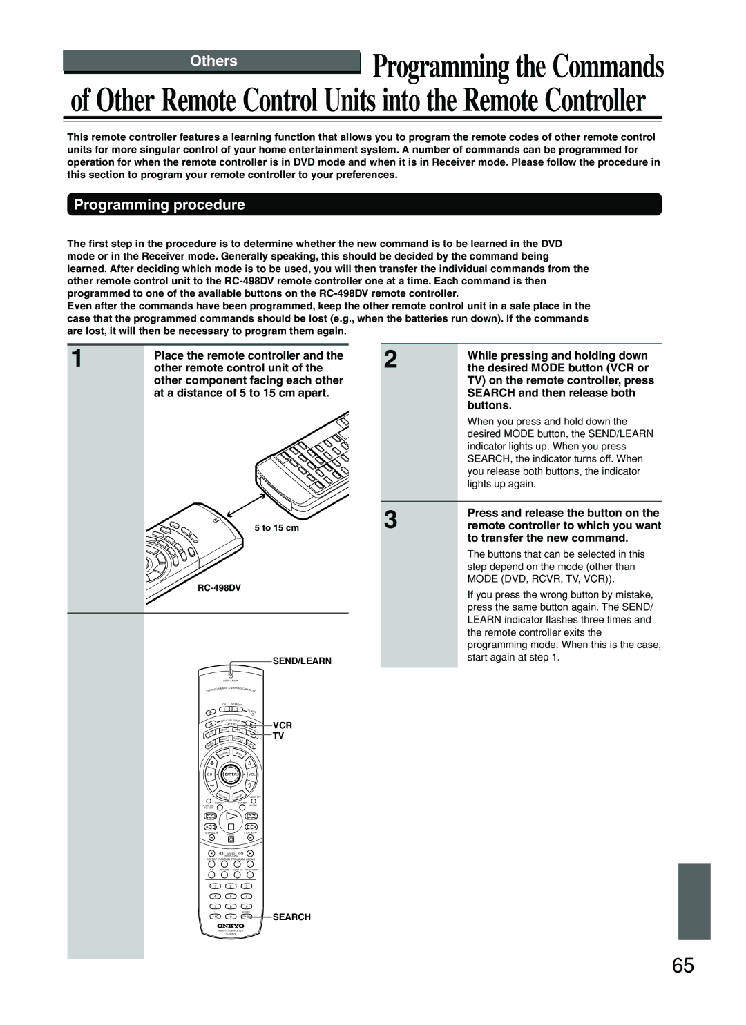 Onkyo DV-SP800 instruction manual Others, Programming procedure, Other remote control unit, Send/Learn, Vcr 