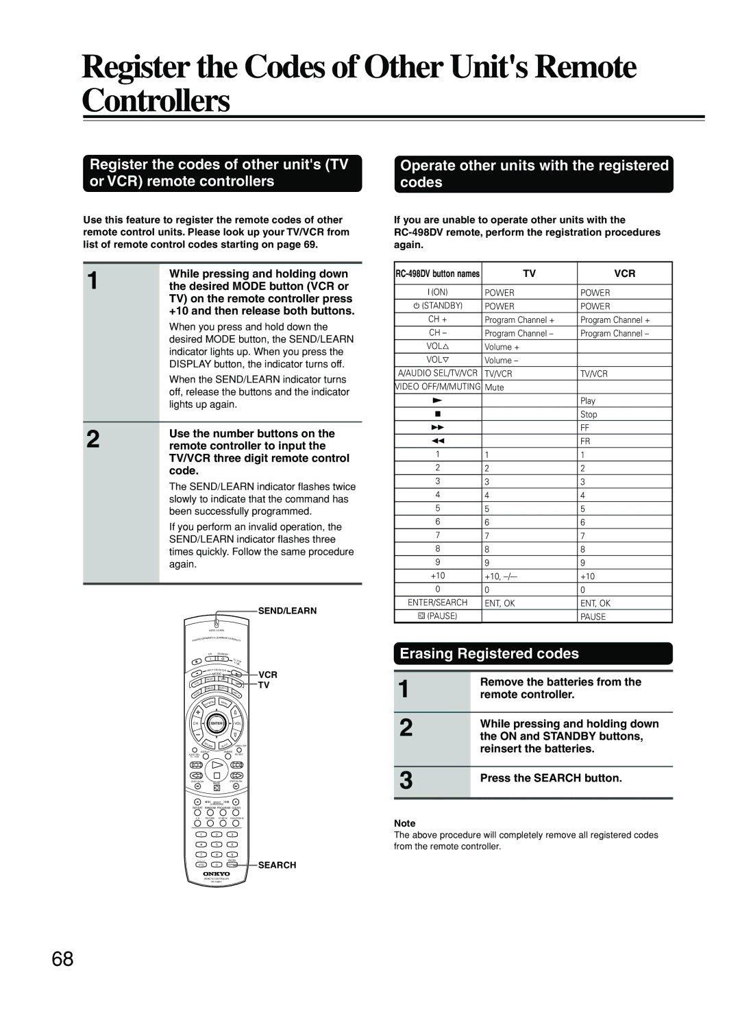 Onkyo DV-SP800 Register the Codes of Other Units Remote Controllers, Operate other units with the registered codes 