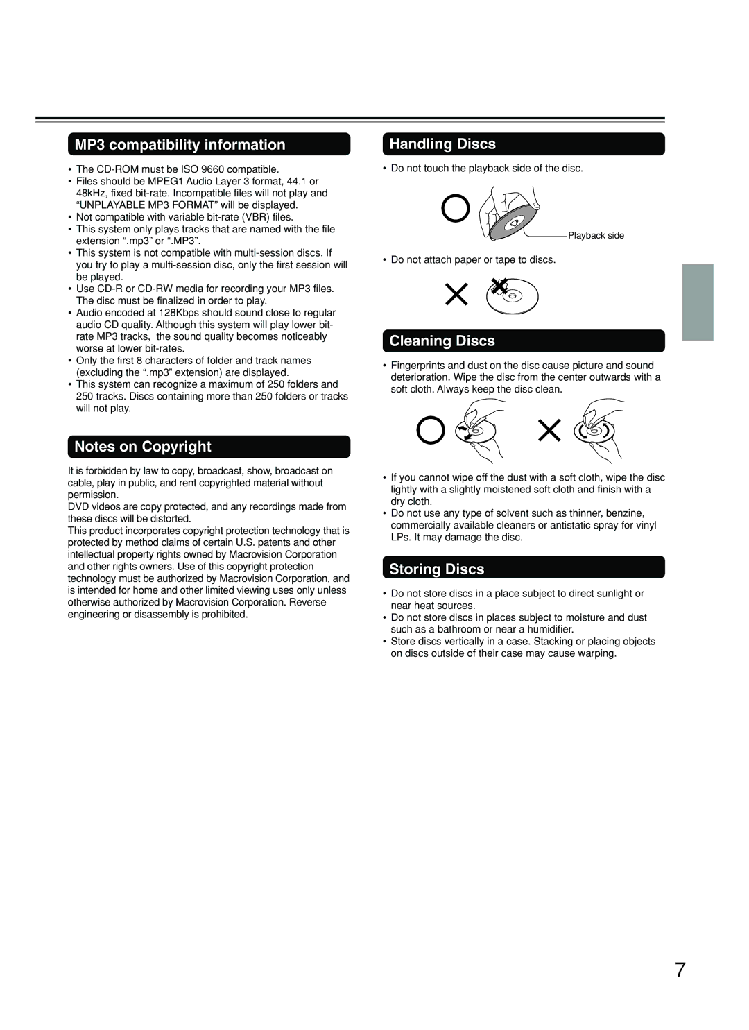 Onkyo DV-SP800 instruction manual MP3 compatibility information, Handling Discs, Cleaning Discs, Storing Discs 