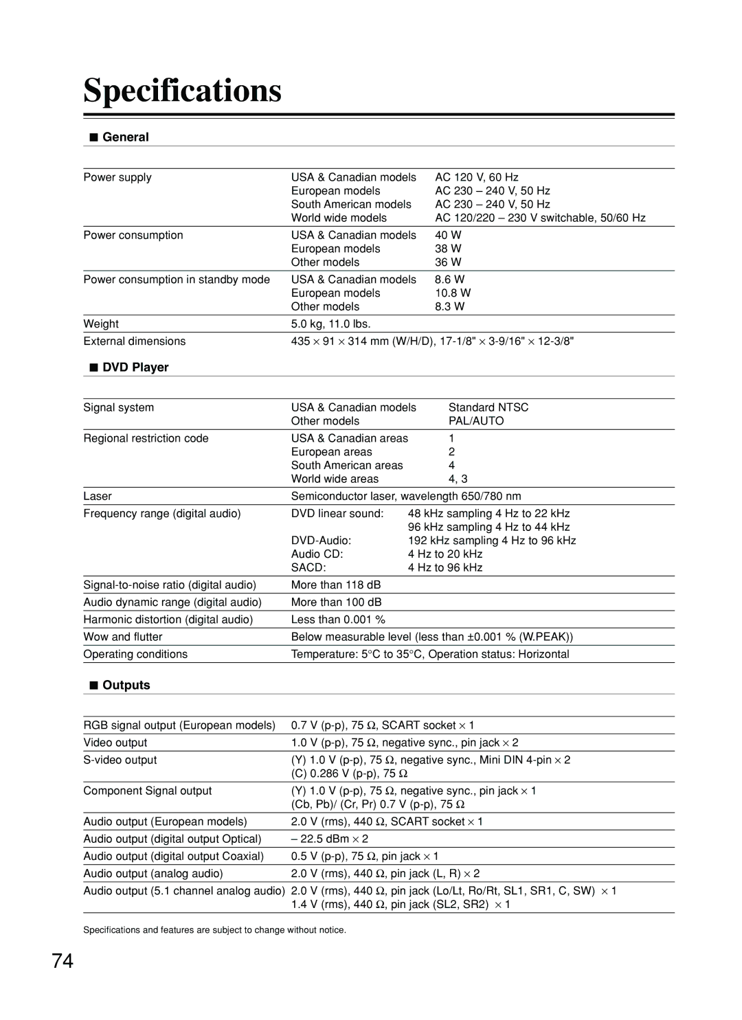 Onkyo DV-SP800 instruction manual Specifications, General, DVD Player, Outputs 