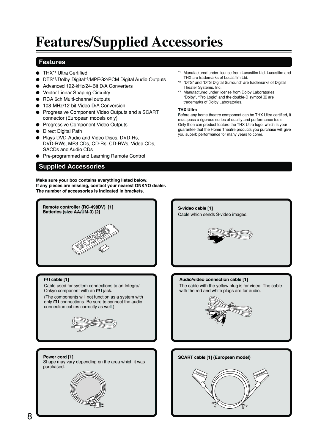 Onkyo DV-SP800 instruction manual Features/Supplied Accessories 