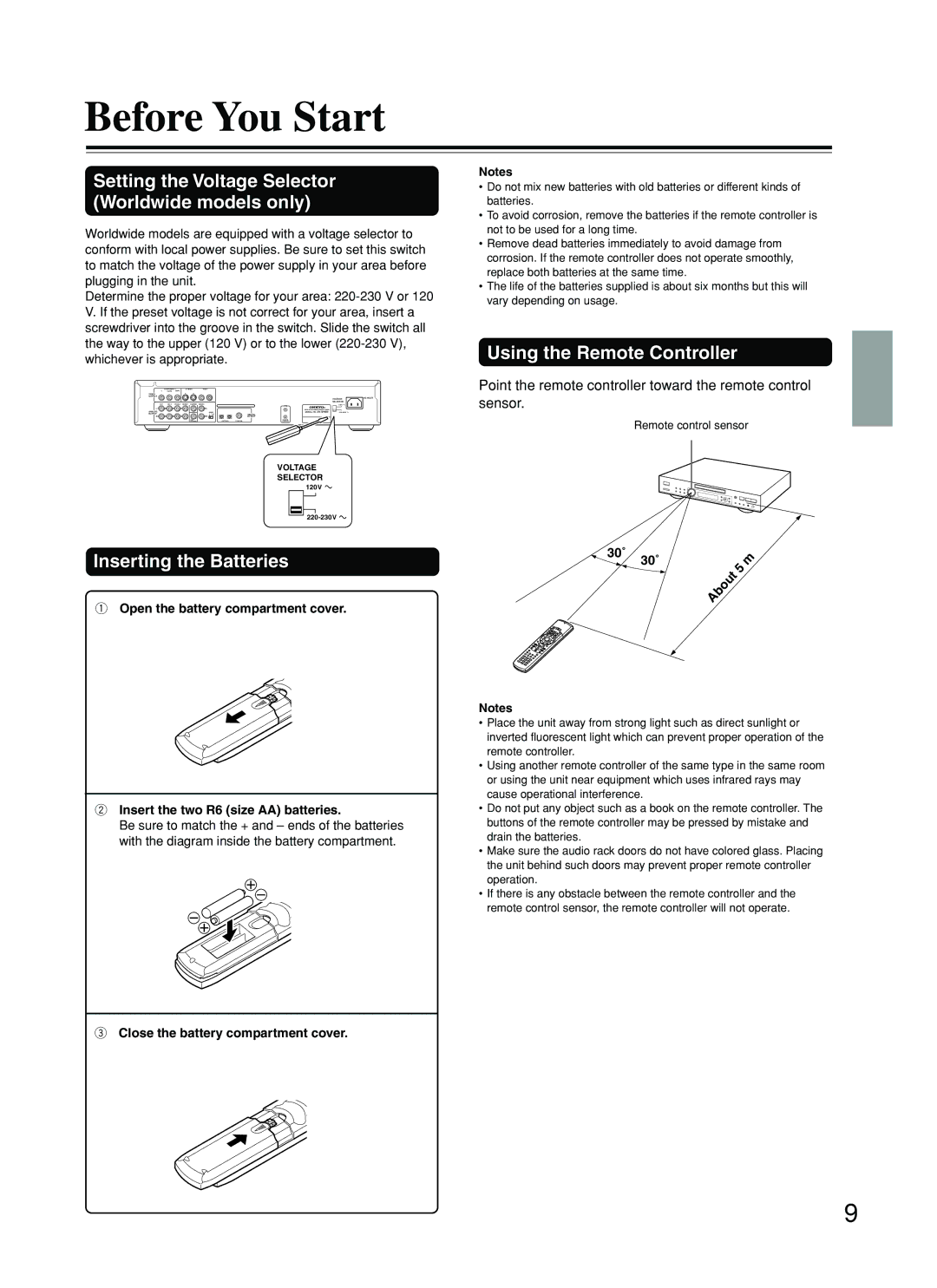 Onkyo DV-SP800 Before You Start, Setting the Voltage Selector Worldwide models only, Inserting the Batteries 