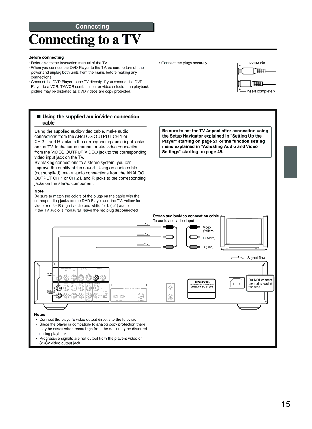 Onkyo DV-SP800 instruction manual Connecting to a TV, Using the supplied audio/video connection cable, Before connecting 