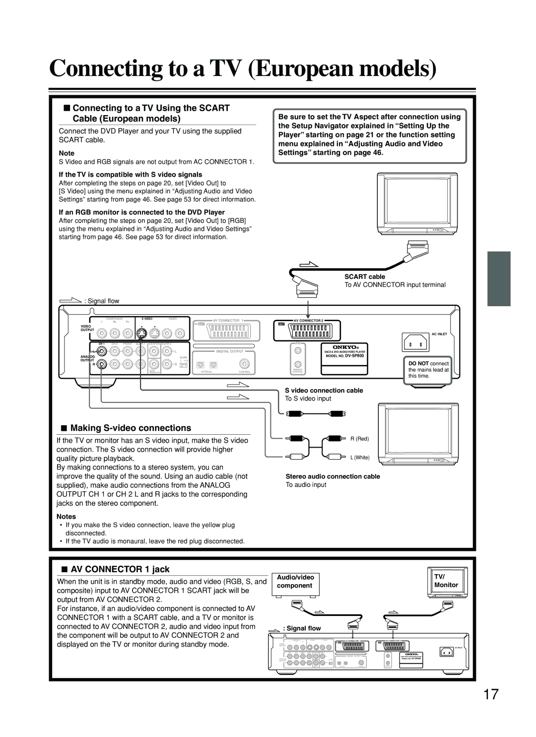 Onkyo DV-SP800 Connecting to a TV European models, Connecting to a TV Using the Scart Cable European models 