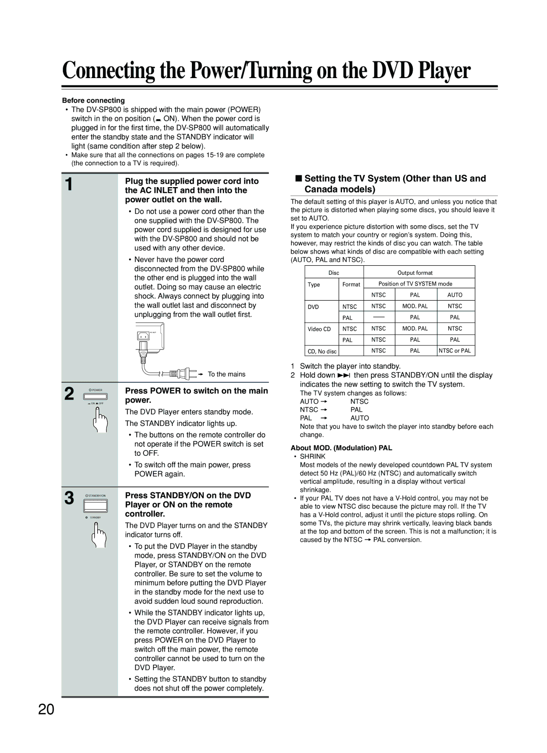 Onkyo DV-SP800 instruction manual Setting the TV System Other than US and Canada models 