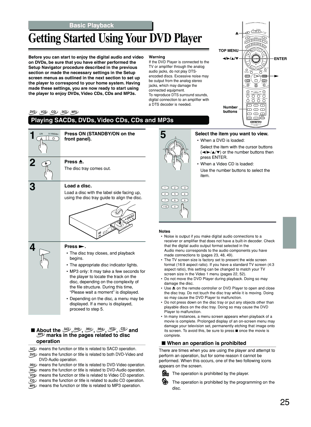 Onkyo DV-SP800 Basic Playback, Playing SACDs, DVDs, Video CDs, CDs and MP3s, When an operation is prohibited 