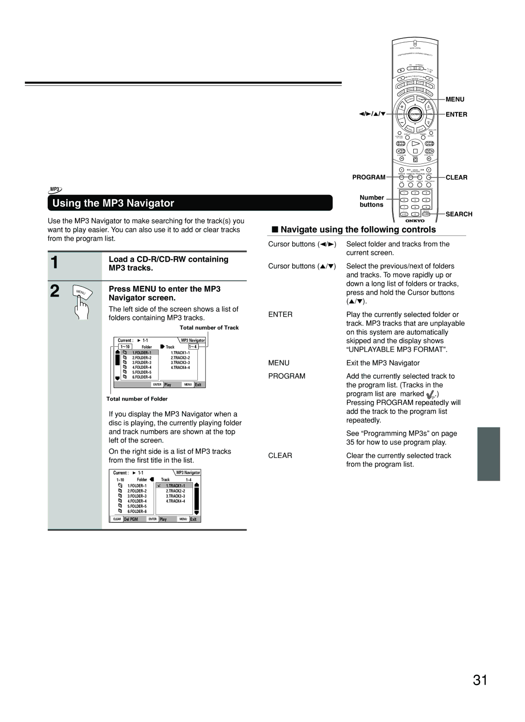 Onkyo DV-SP800 instruction manual Using the MP3 Navigator, Navigate using the following controls 