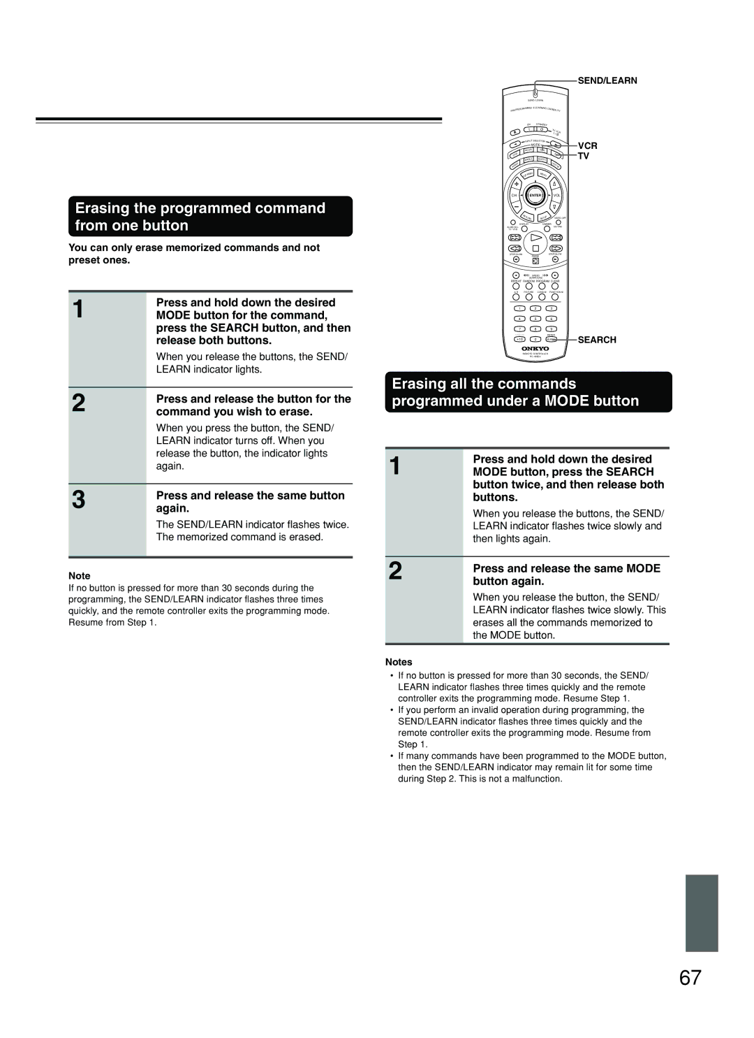 Onkyo DV-SP800 Erasing the programmed command from one button, Erasing all the commands programmed under a Mode button 